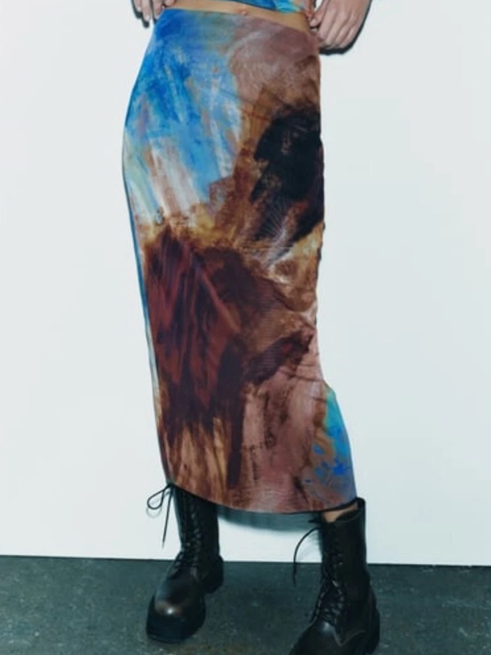 Brown & Blue Abstract Print Midi Skirt - Women 19.3.B2